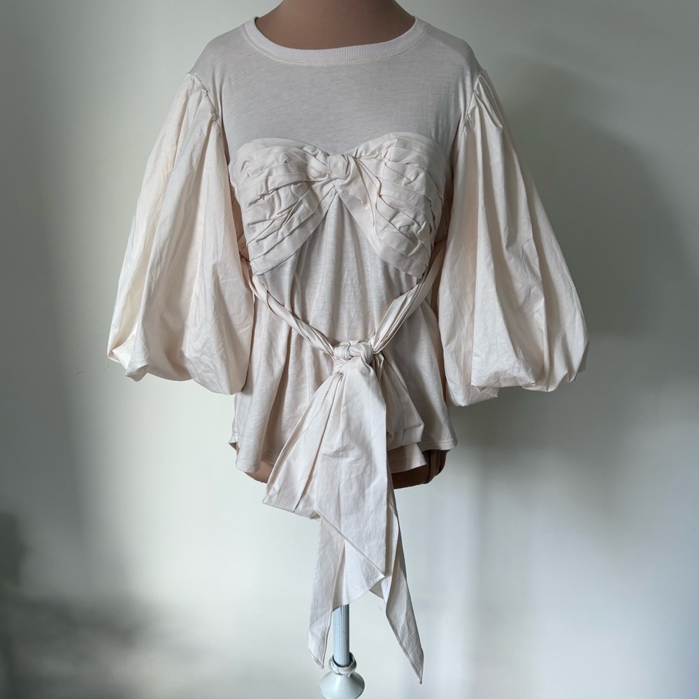 Johanna Ortiz Idyllio Bateau Neckline Three-Quarter Puff Sleeve Beige Blouse 6